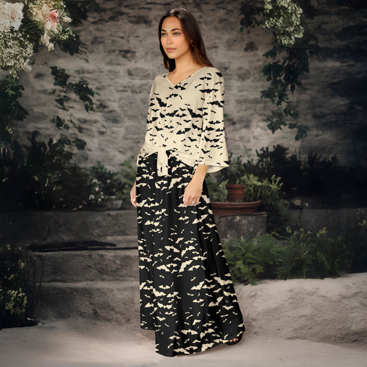 2 Piece Set - Front Tie Three Quarter Sleeve Top and Maxi Skirt - Bats