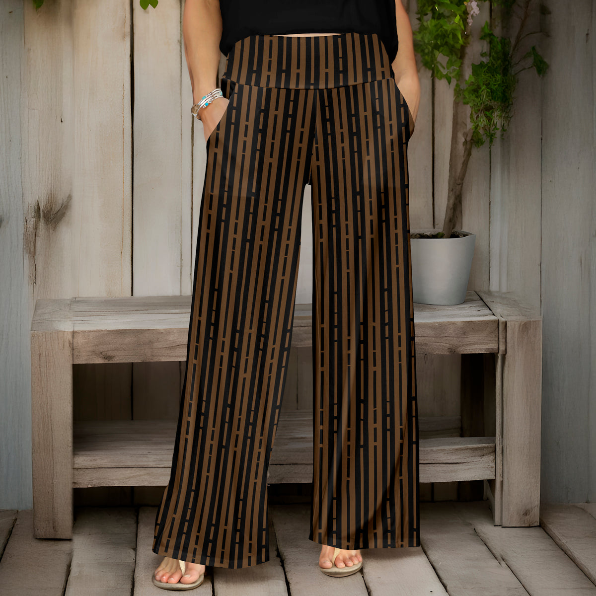 Wide Leg Pants with Pockets - Striped
