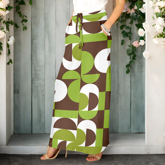 Drawstring Maxi Skirt with Side Pockets - Geometric