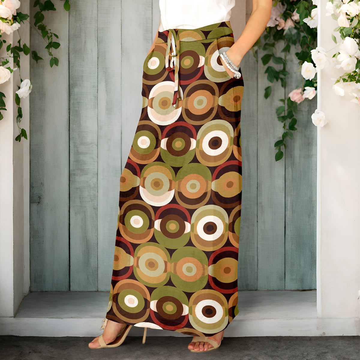 Drawstring Maxi Skirt with Side Pockets - Geometric