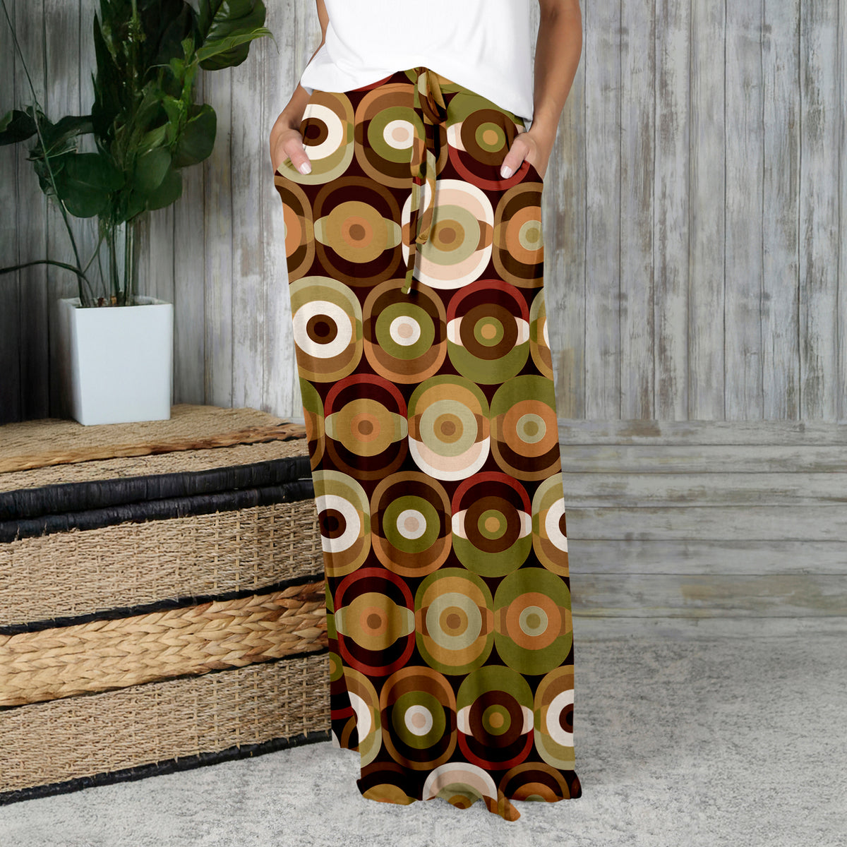 Drawstring Maxi Skirt with Side Pockets - Geometric
