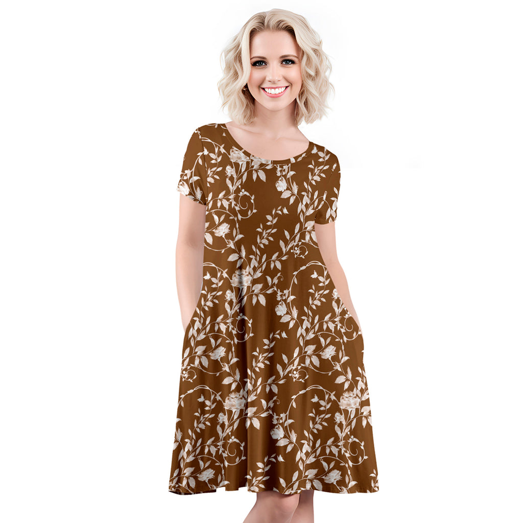 Short Sleeve Swing Dress with Pockets - Floral