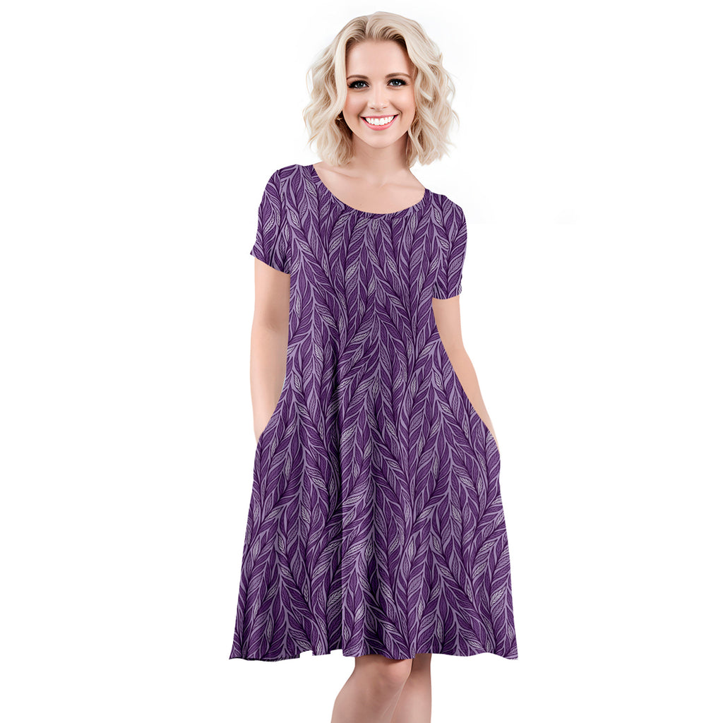 Short Sleeve Swing Dress with Pockets - Leaves