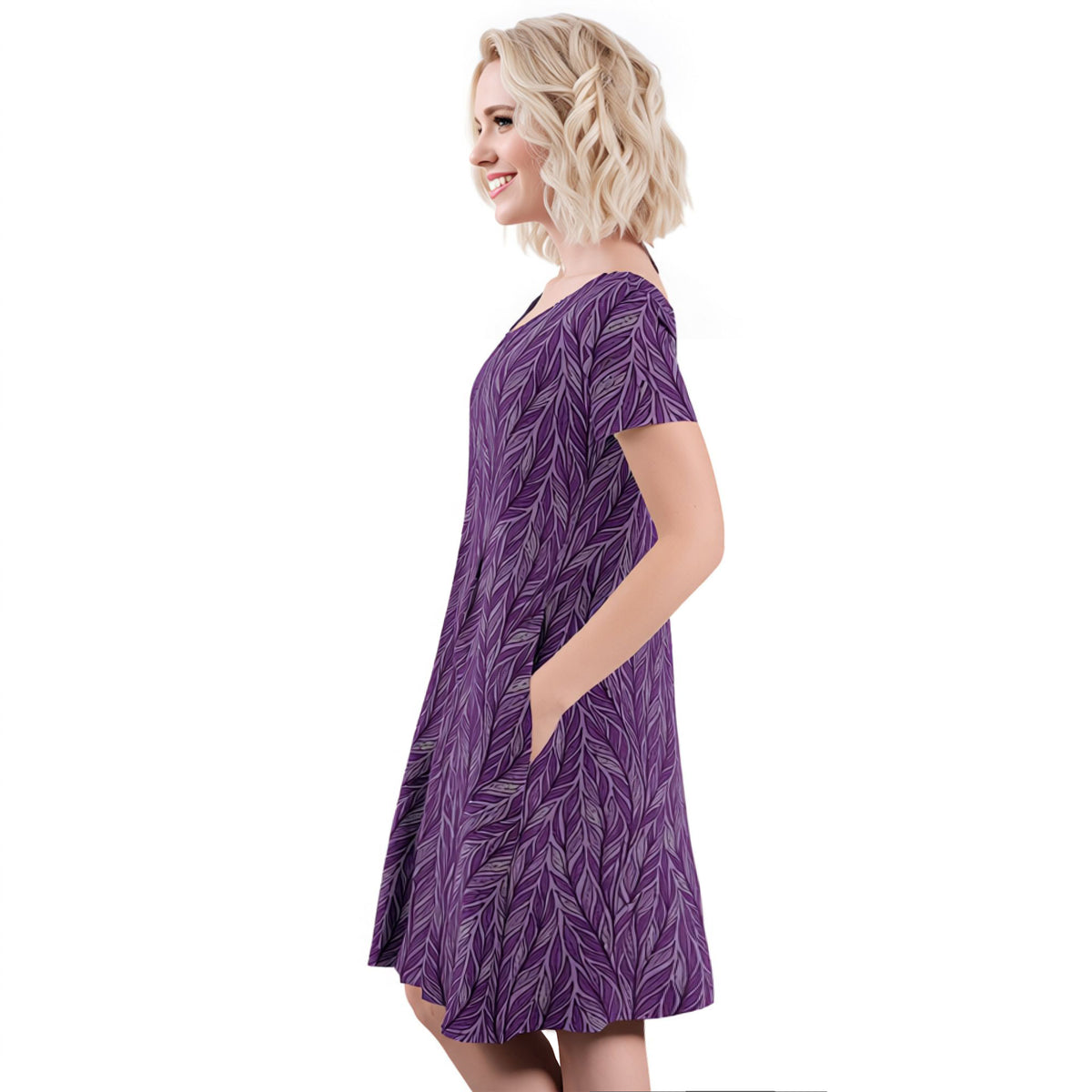 Short Sleeve Swing Dress with Pockets - Leaves