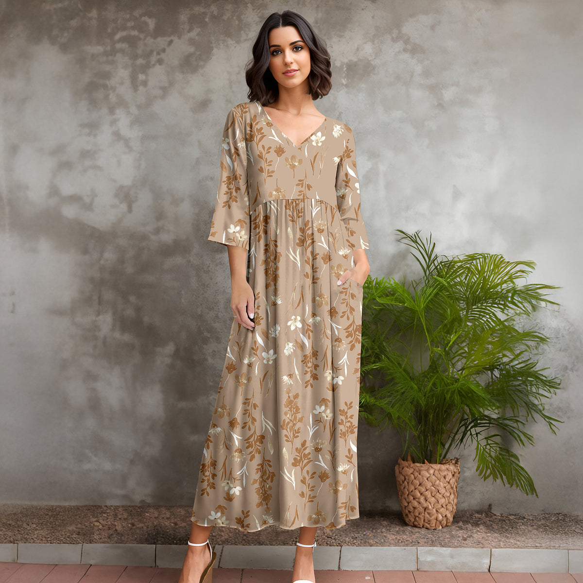 Three Quarter Sleeve V-neck Maxi Dress with Pockets - Floral