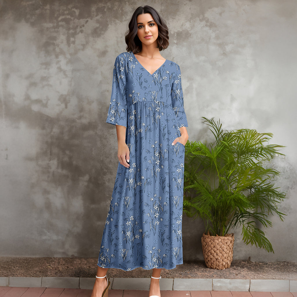 Three Quarter Sleeve V-neck Maxi Dress with Pockets - Floral