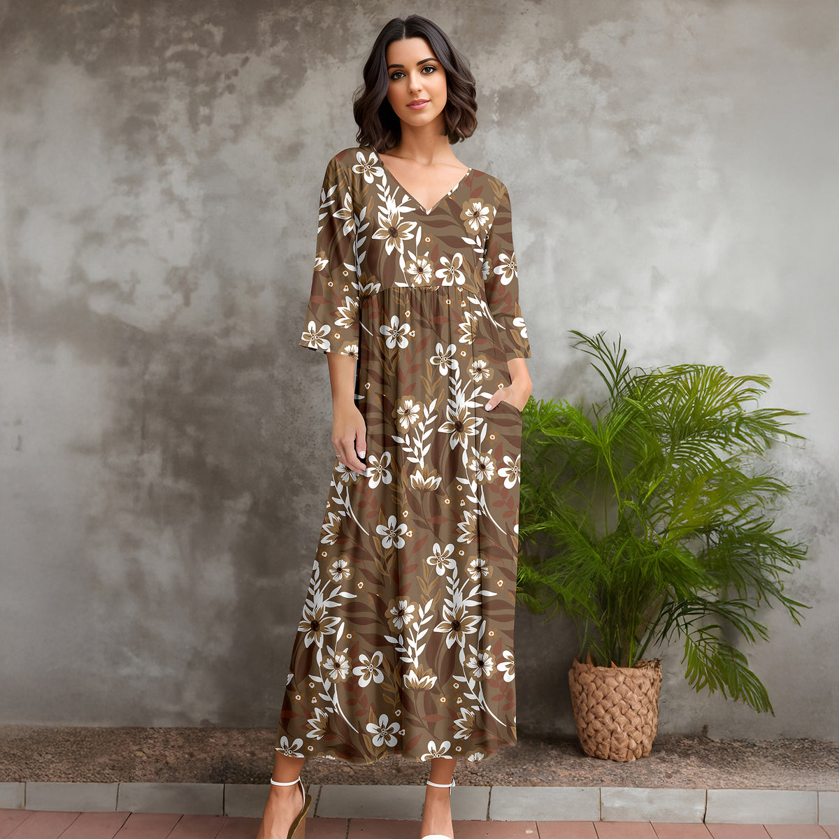 Three Quarter Sleeve V-neck Maxi Dress with Pockets - Floral