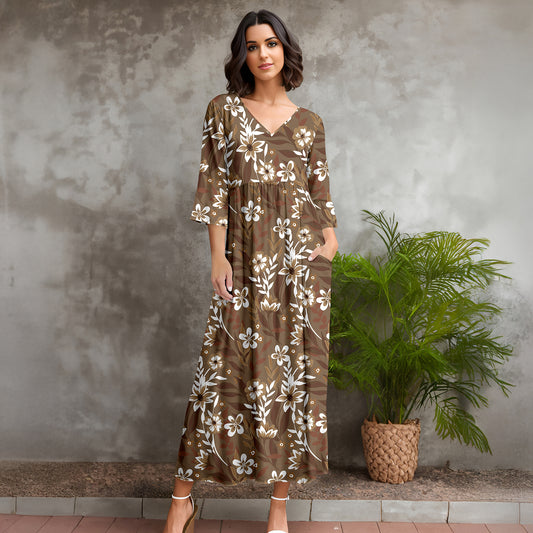 Three Quarter Sleeve V-neck Maxi Dress with Pockets - Floral