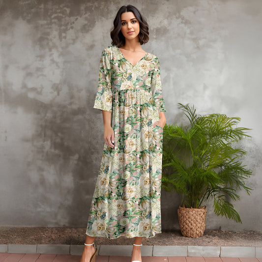 Three Quarter Sleeve V-neck Maxi Dress with Pockets - Floral