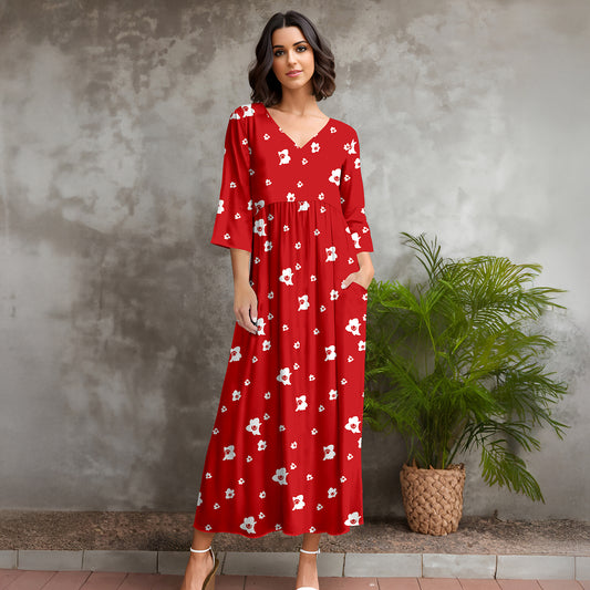 Three Quarter Sleeve V-neck Maxi Dress with Pockets - Floral
