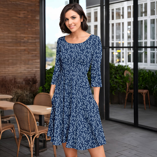 Three-Quarter Sleeve Dress with Pockets - Floral