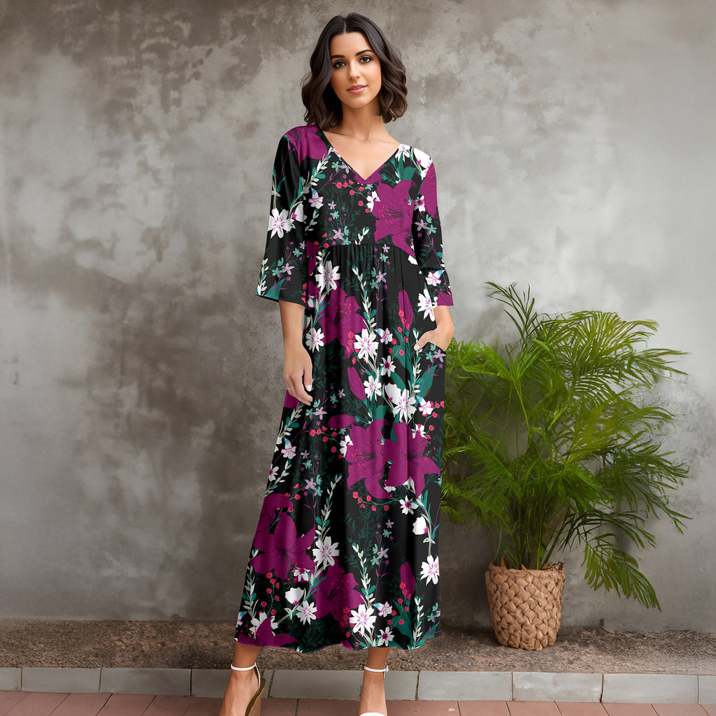 Three Quarter Sleeve V-neck Maxi Dress with Pockets - Floral