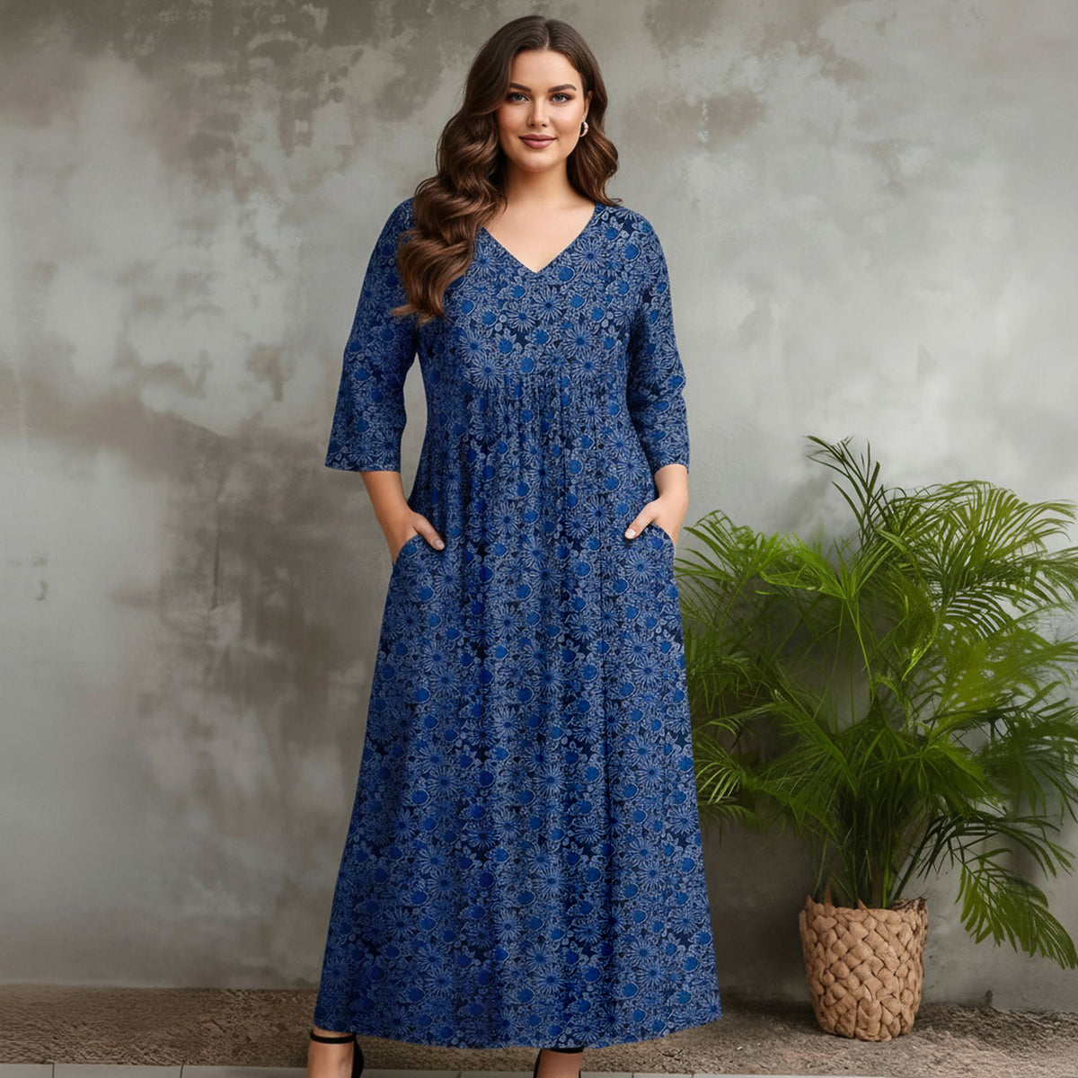 Three Quarter Sleeve V-neck Maxi Dress with Pockets - Floral