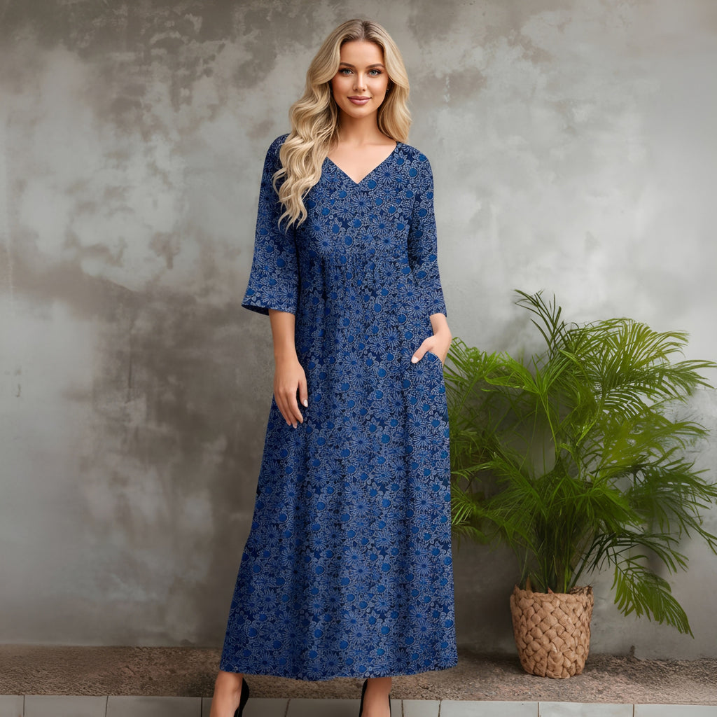 Three Quarter Sleeve V-neck Maxi Dress with Pockets - Floral