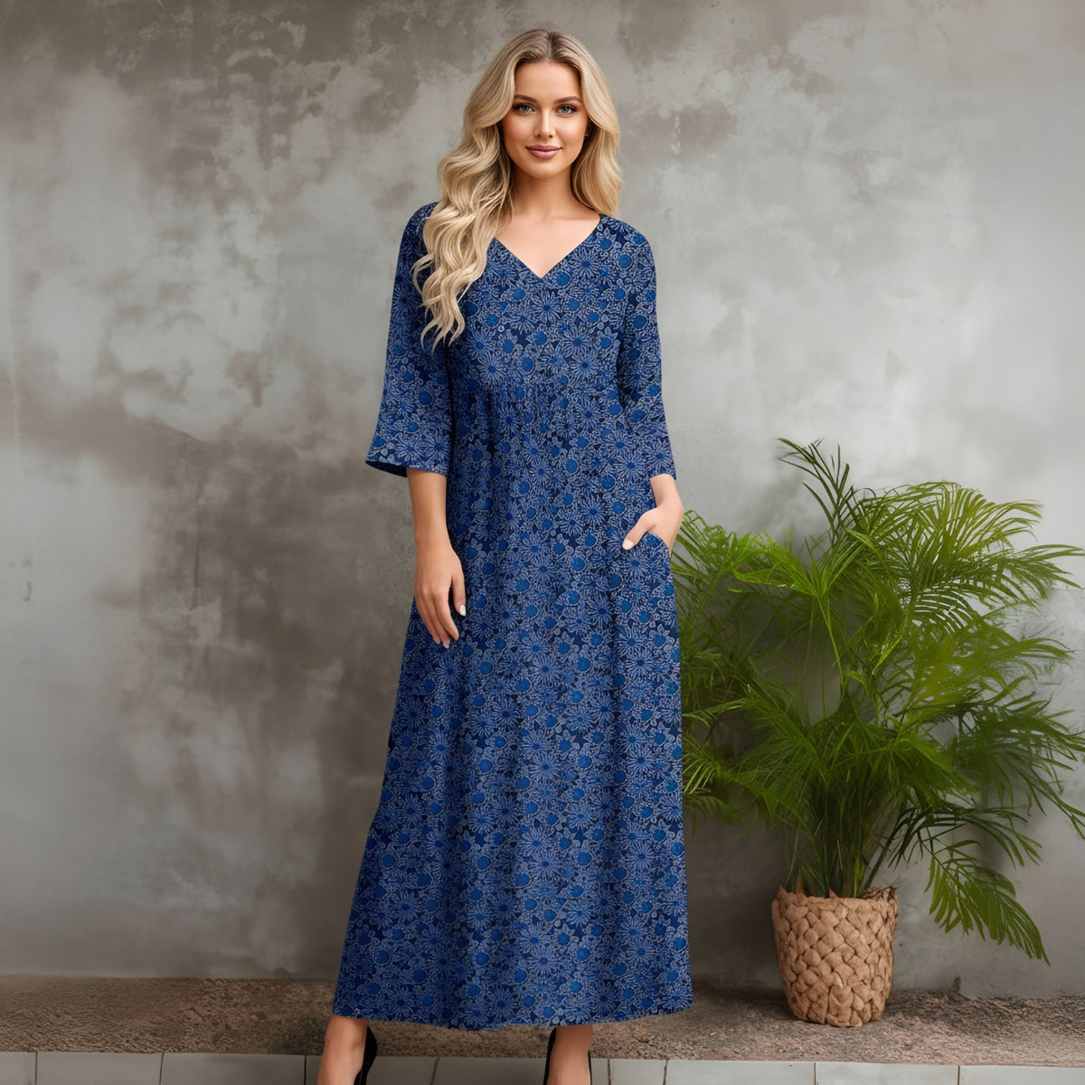 Three Quarter Sleeve V-neck Maxi Dress with Pockets - Floral