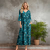 Three Quarter Sleeve V-neck Maxi Dress with Pockets - Peacock Floral