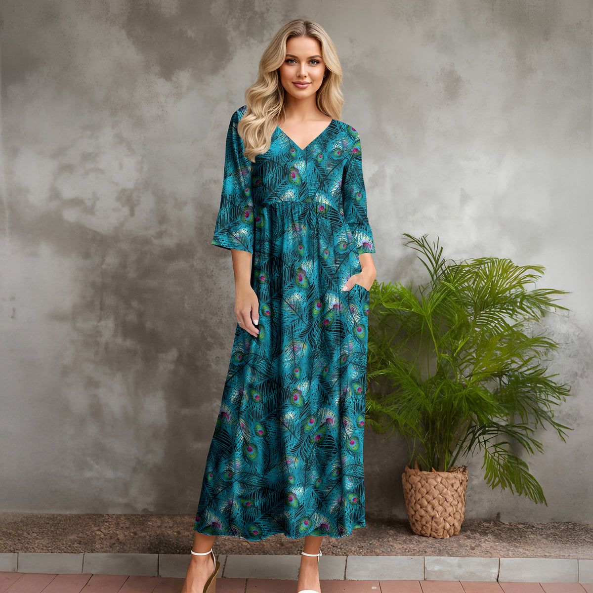 Three Quarter Sleeve V-neck Maxi Dress with Pockets - Peacock Floral