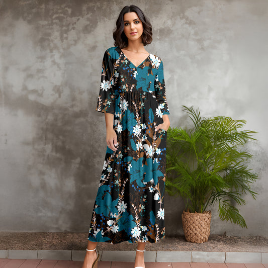 Three Quarter Sleeve V-neck Maxi Dress with Pockets - Floral