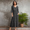 Three Quarter Sleeve V-neck Maxi Dress with Pockets - Tropical Leaves