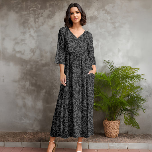 Three Quarter Sleeve V-neck Maxi Dress with Pockets - Tropical Leaves