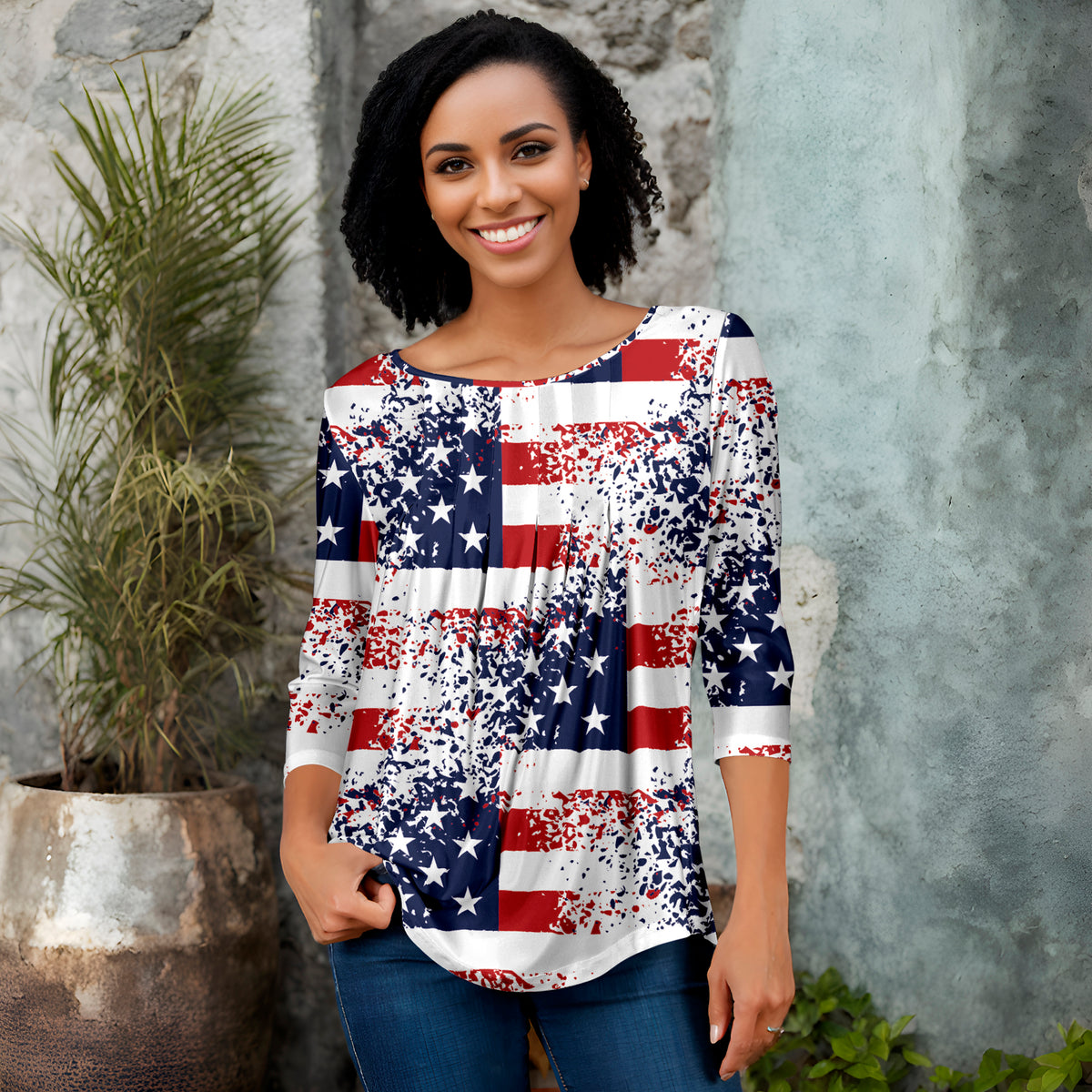 Pleated Three-Quarter Sleeve Tunic - American Flag