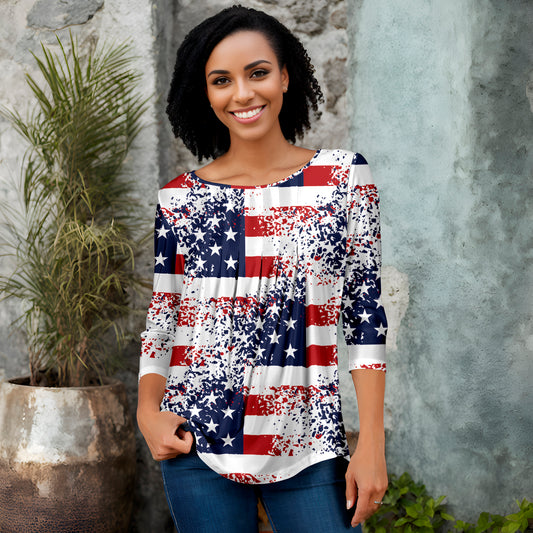 Pleated Three-Quarter Sleeve Tunic - American Flag
