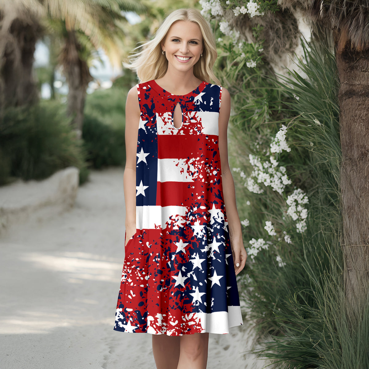 Sleeveless Keyhole Swing Dress with Side Pockets - American Flag
