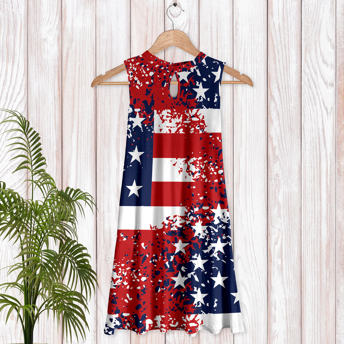 Sleeveless Keyhole Swing Dress with Side Pockets - American Flag