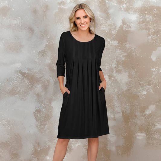 Three Quarter Sleeve Pleated Dress with Pockets