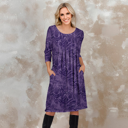 Three Quarter Sleeve Pleated Dress with Pockets - Floral