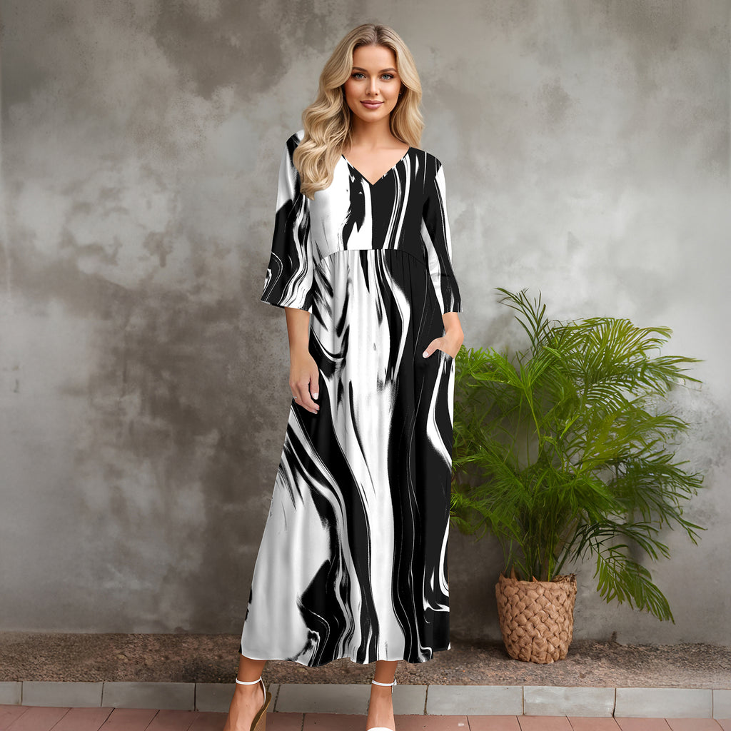 Three Quarter Sleeve V-neck Maxi Dress with Pockets - Abstract