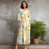 Three Quarter Sleeve V-neck Maxi Dress with Pockets - Floral