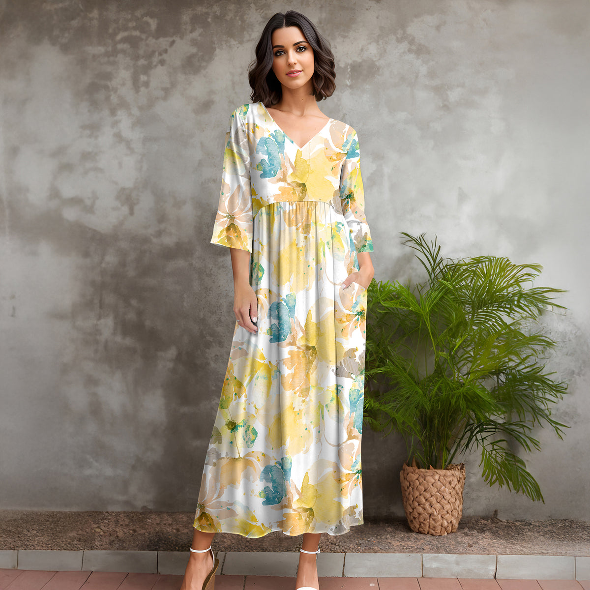 Three Quarter Sleeve V-neck Maxi Dress with Pockets - Floral