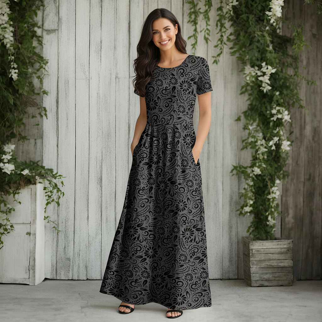 Short Sleeve Fit and Flare Maxi Dress with Pockets - Floral