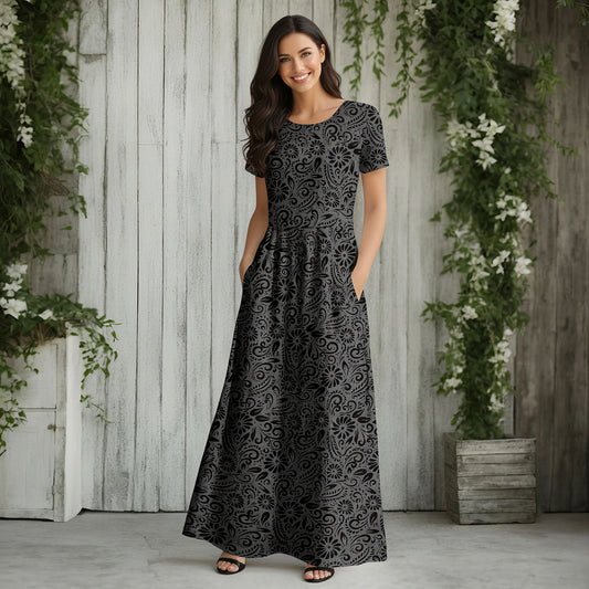 Short Sleeve Fit and Flare Maxi Dress with Pockets - Floral