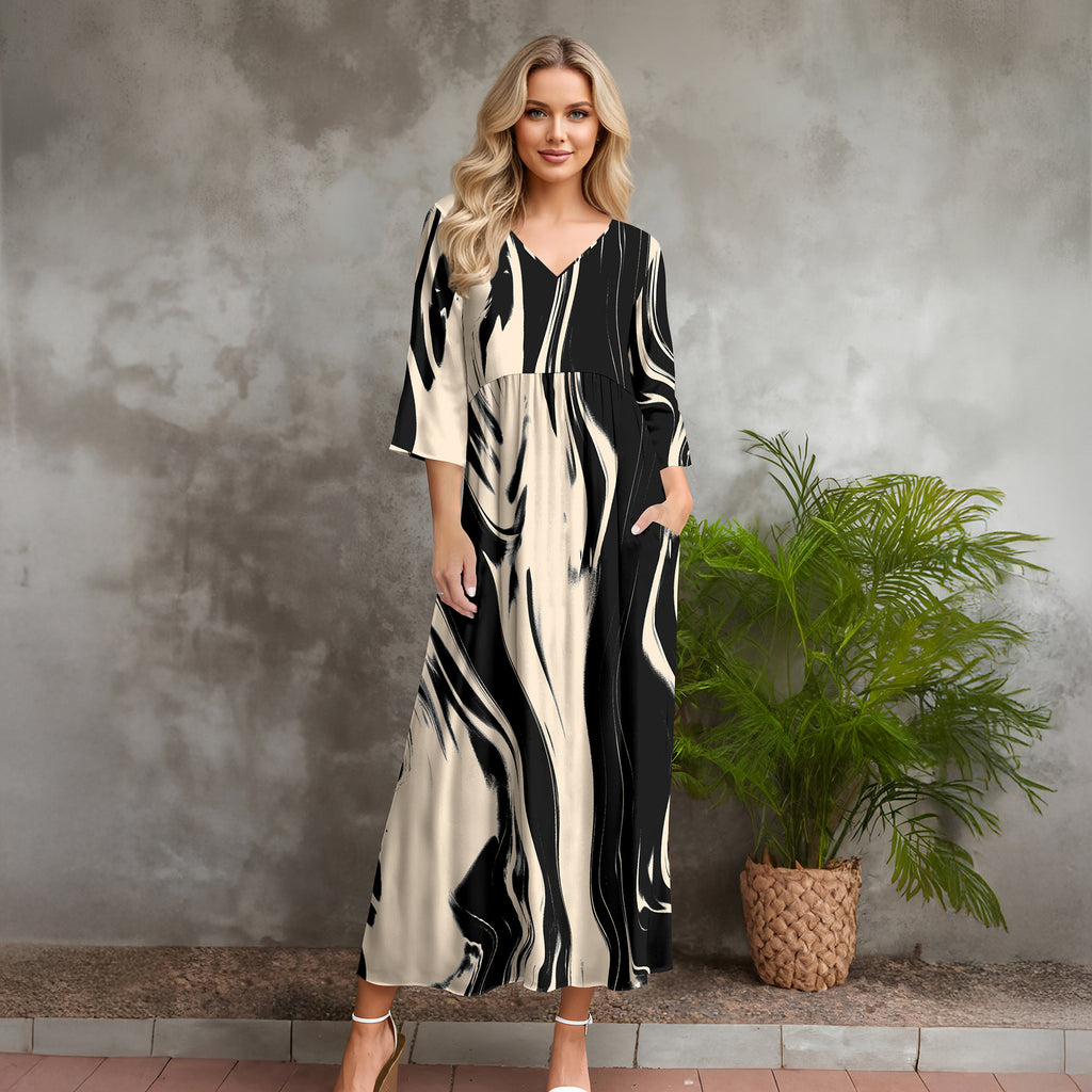 Three Quarter Sleeve V-neck Maxi Dress with Pockets - Abstract
