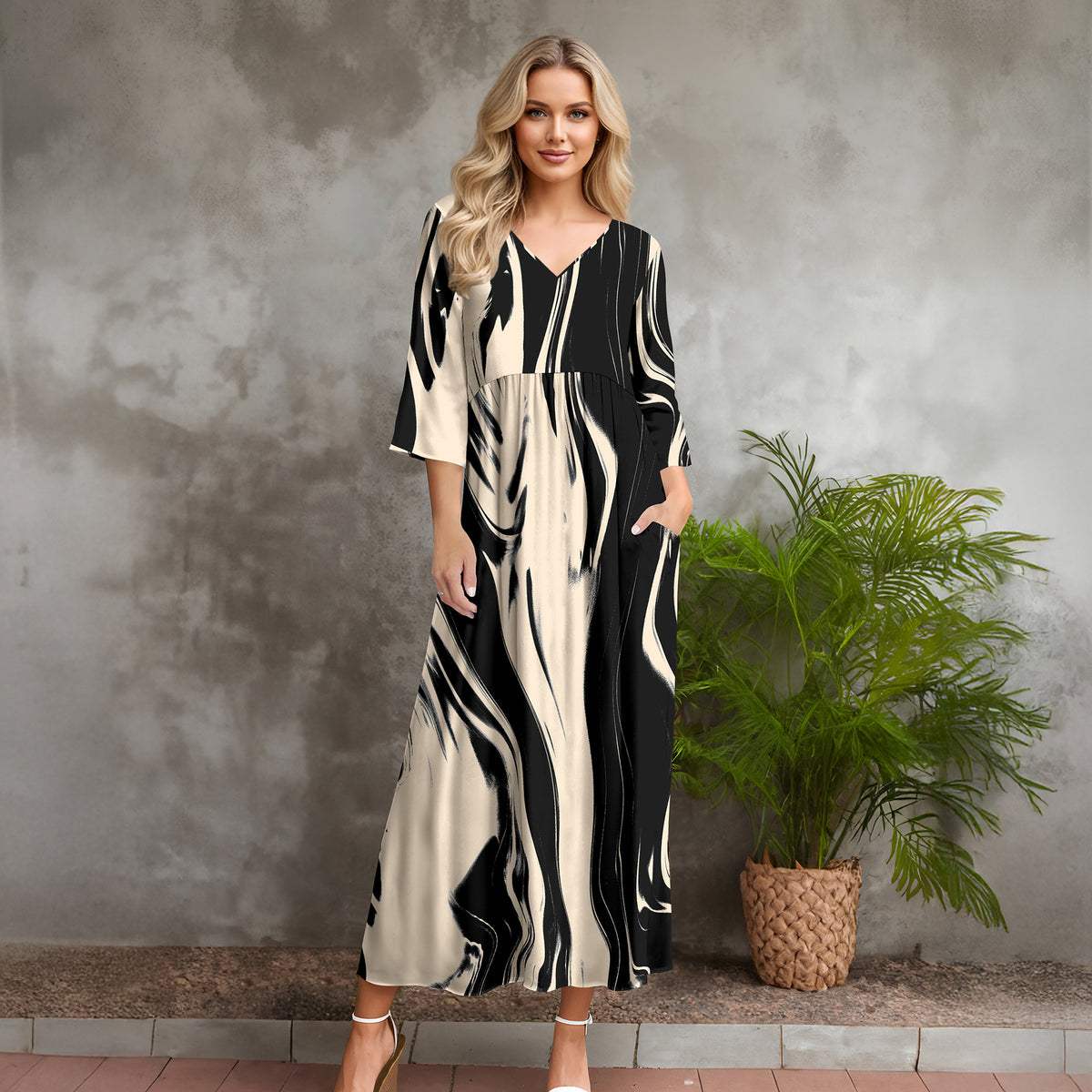 Three Quarter Sleeve V-neck Maxi Dress with Pockets - Abstract