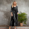 Three Quarter Sleeve V-neck Maxi Dress with Pockets - Abstract