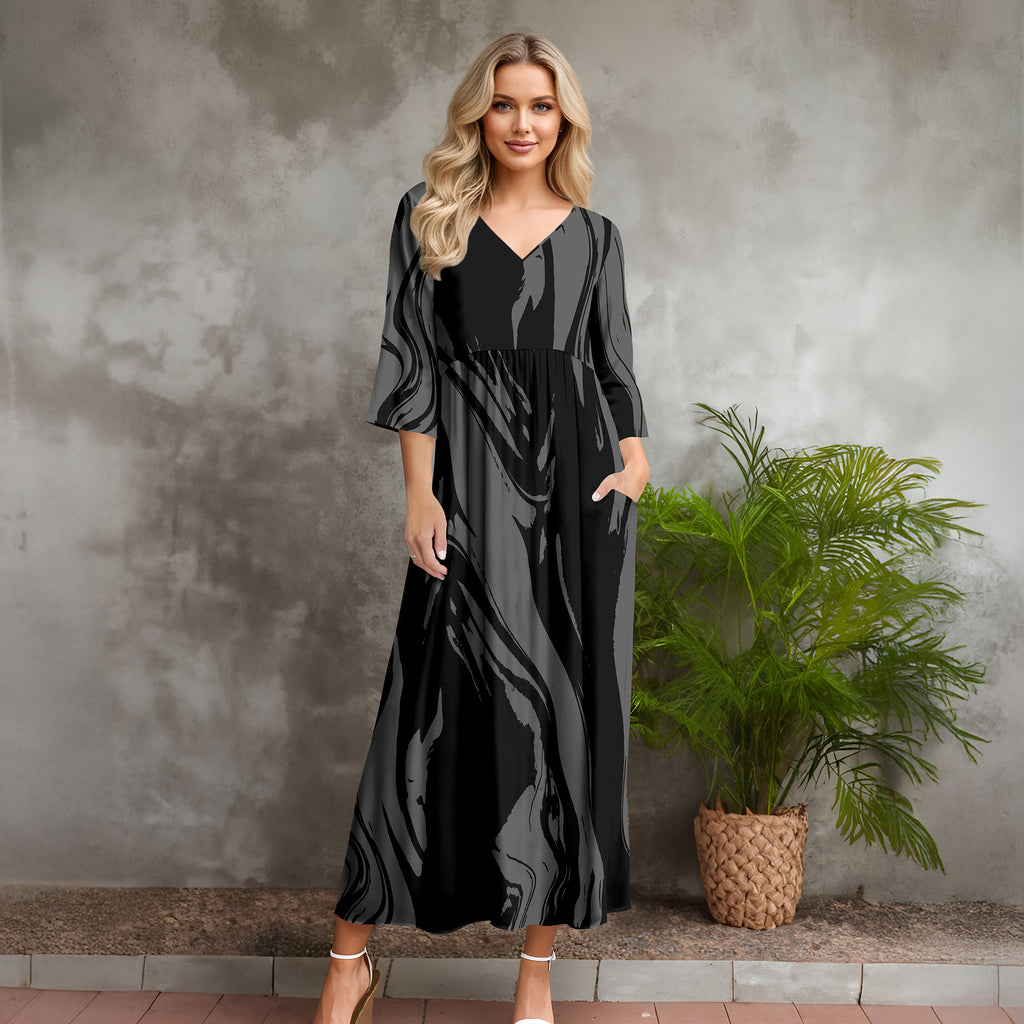 Three Quarter Sleeve V-neck Maxi Dress with Pockets - Abstract