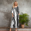 Three Quarter Sleeve V-neck Maxi Dress with Pockets - Abstract