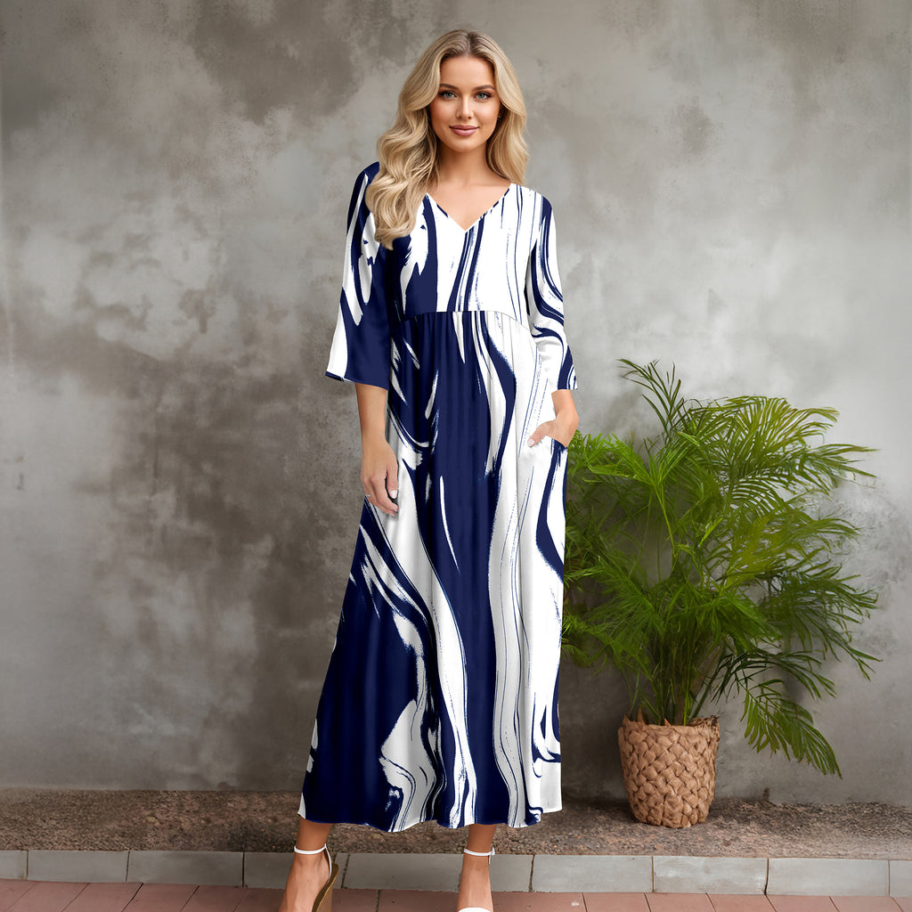 Three Quarter Sleeve V-neck Maxi Dress with Pockets - Abstract