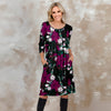 Three Quarter Sleeve Pleated Dress with Pockets - Floral