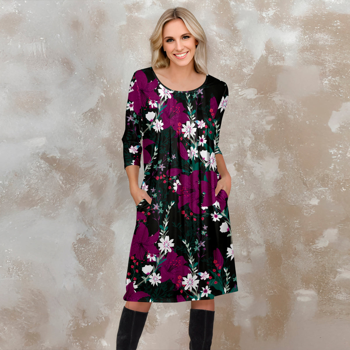Three Quarter Sleeve Pleated Dress with Pockets - Floral