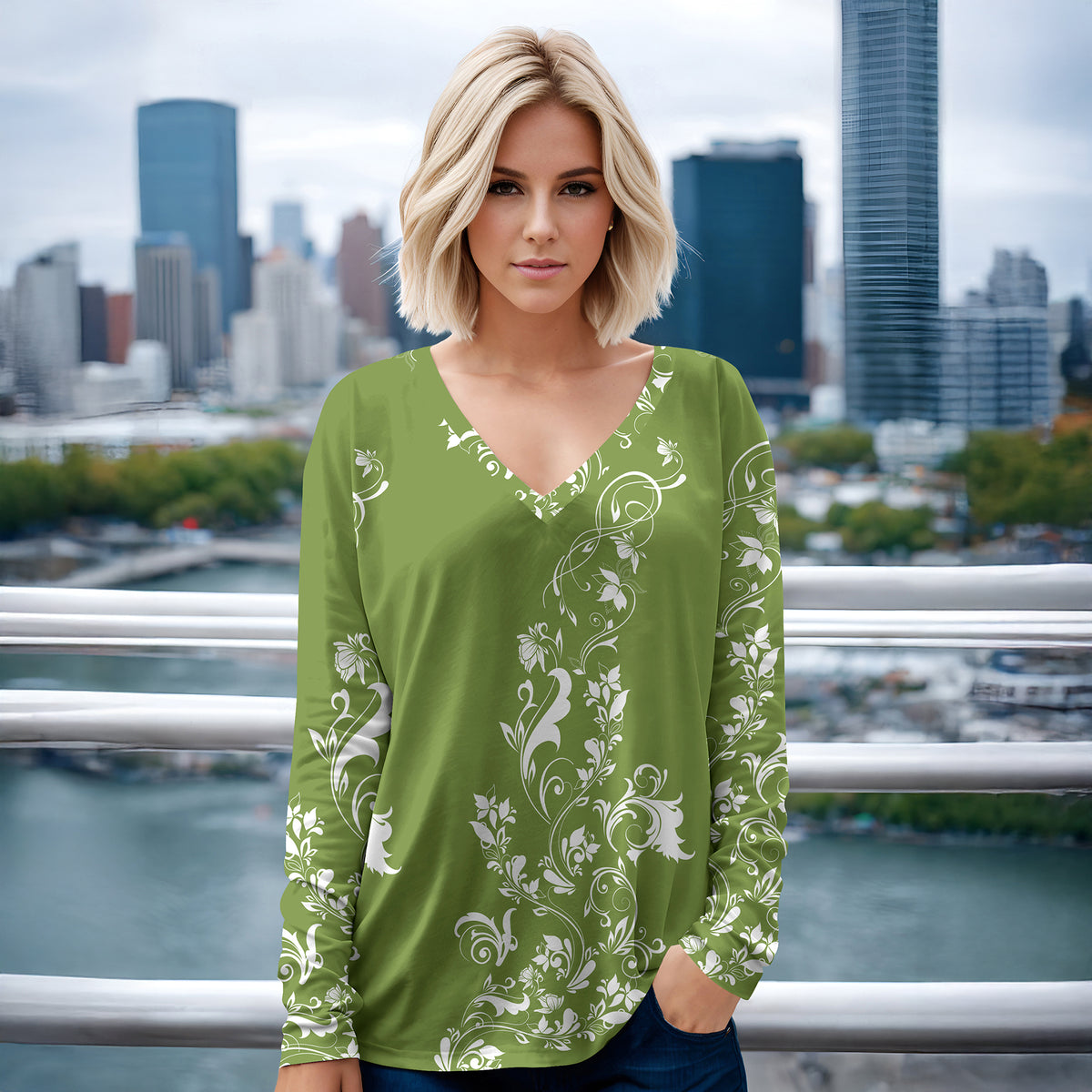 Long Sleeve V Neck Top - Floral Filigree