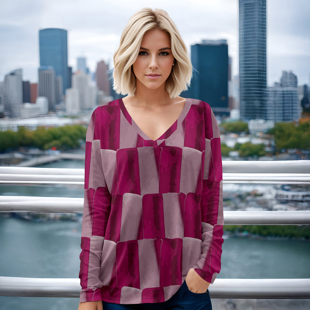 Long Sleeve V Neck Top - Abstract