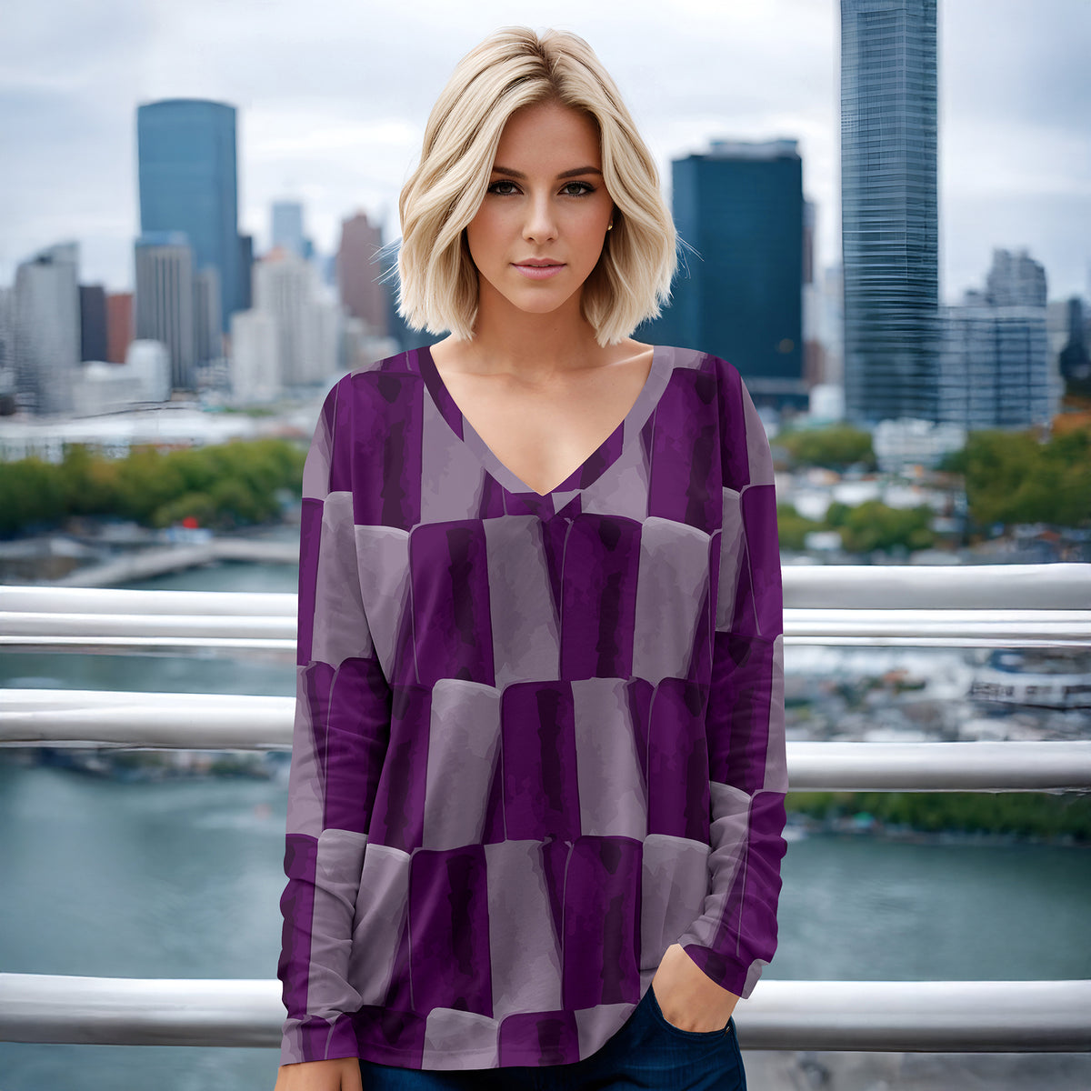 Long Sleeve V Neck Top - Abstract