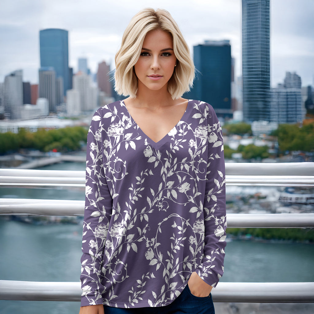 Long Sleeve V Neck Top - Floral