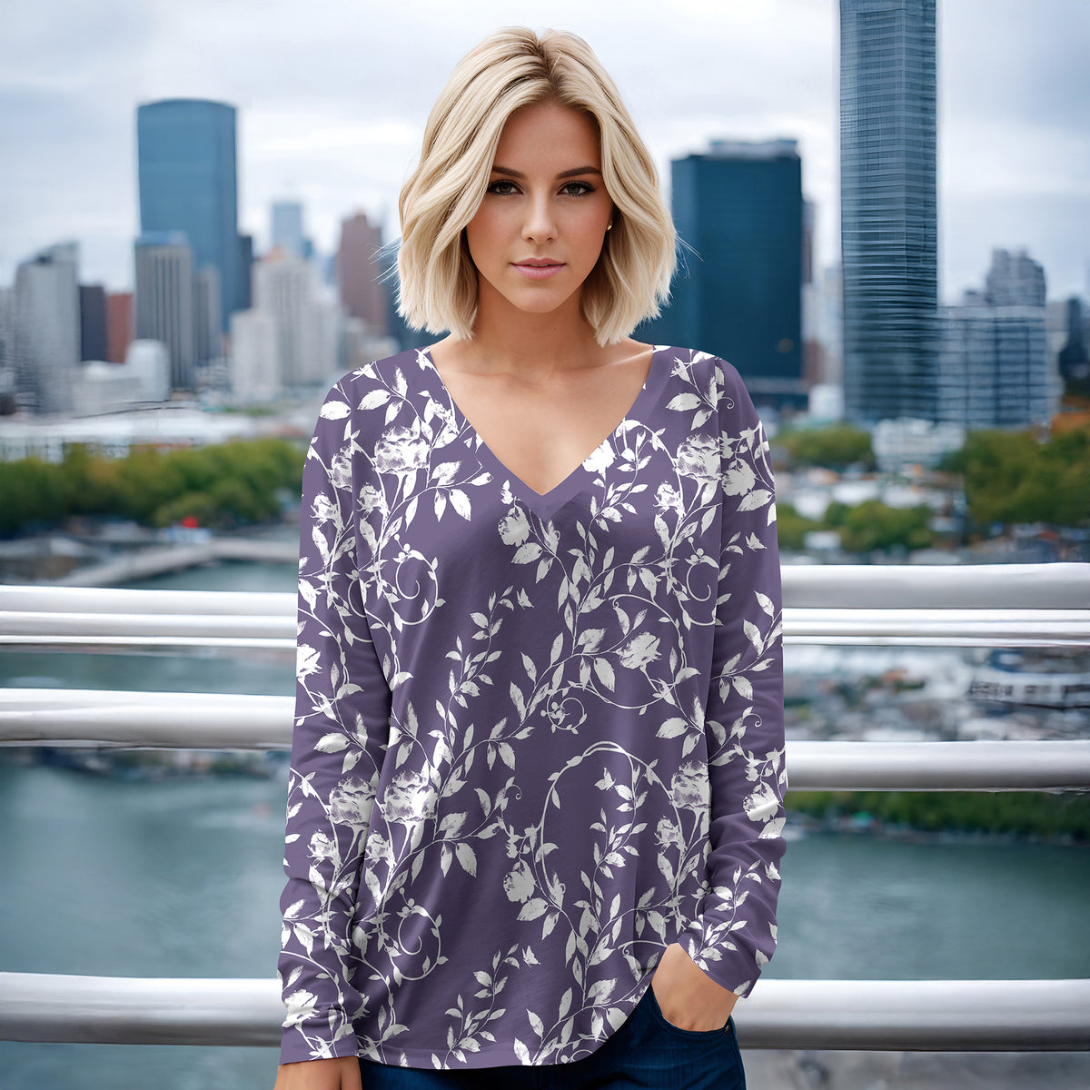 Long Sleeve V Neck Top - Floral