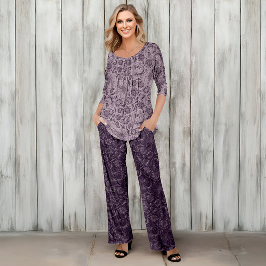 2 Piece Set - Pleated Three Quarter Sleeve Tunic and Pocket Pants - Floral