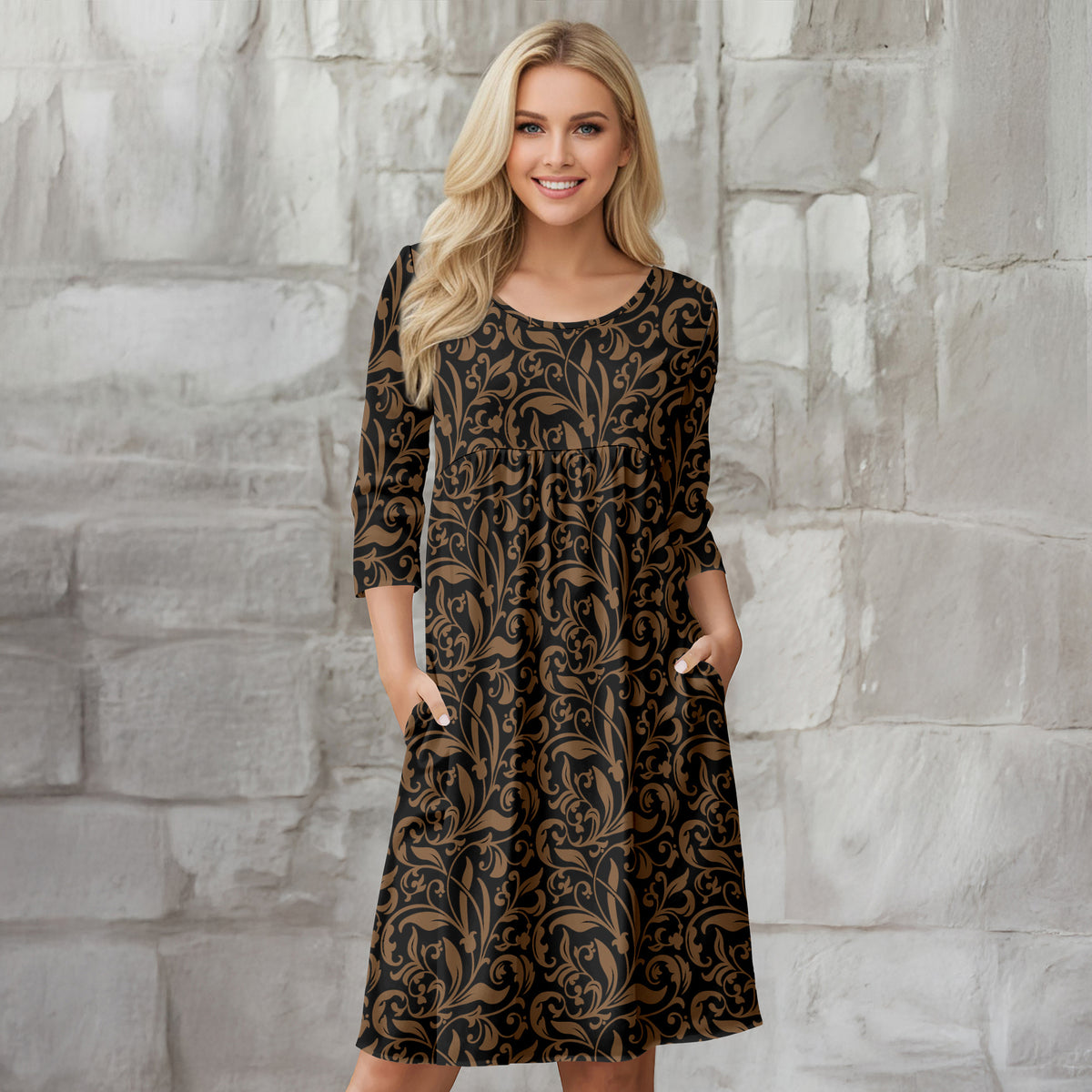 Three Quarter Sleeve Empire Dress with Pockets - Filigree